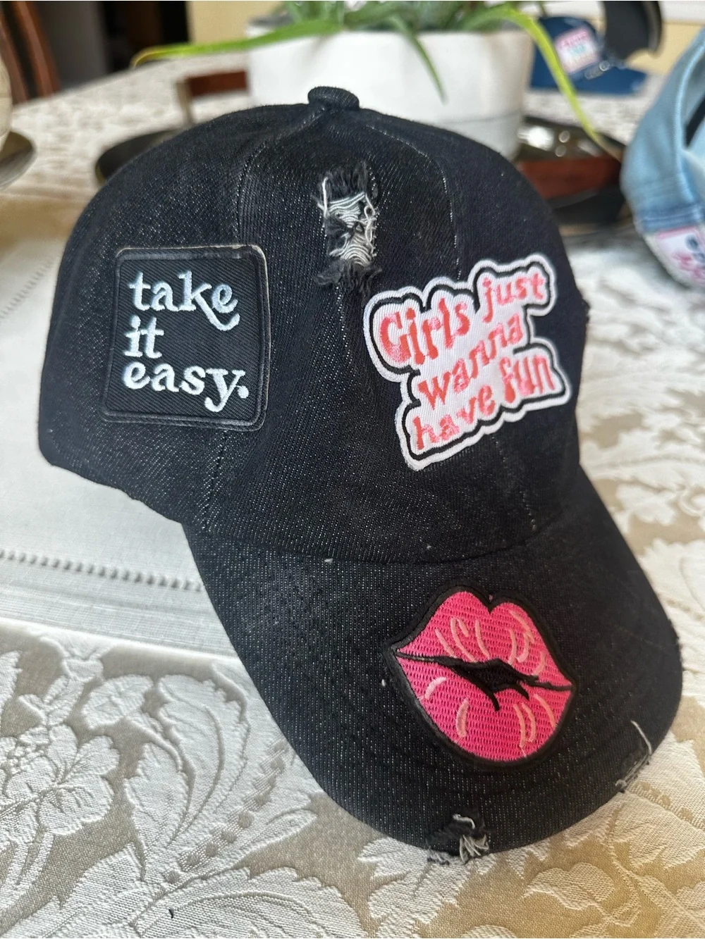 Upcycled Black Denim Trucker Hat Girls Just Wanna Have Fun